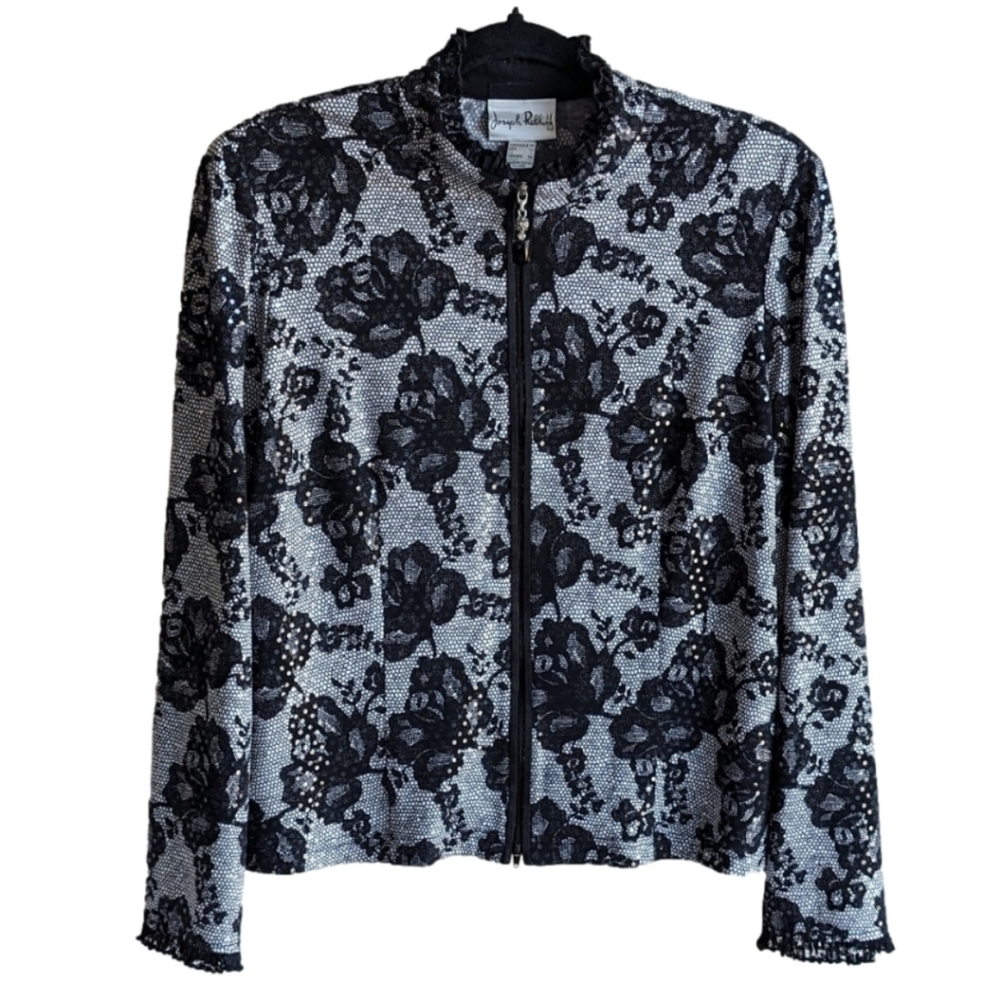 Vintage Joseph Ribkoff zipup jacket black floral jersey knit structure sz 14